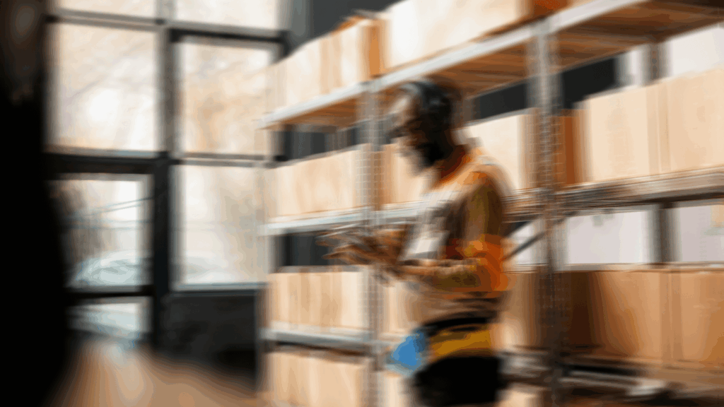 Blurry view of a man in high-vis vest using a tablet in a warehouse