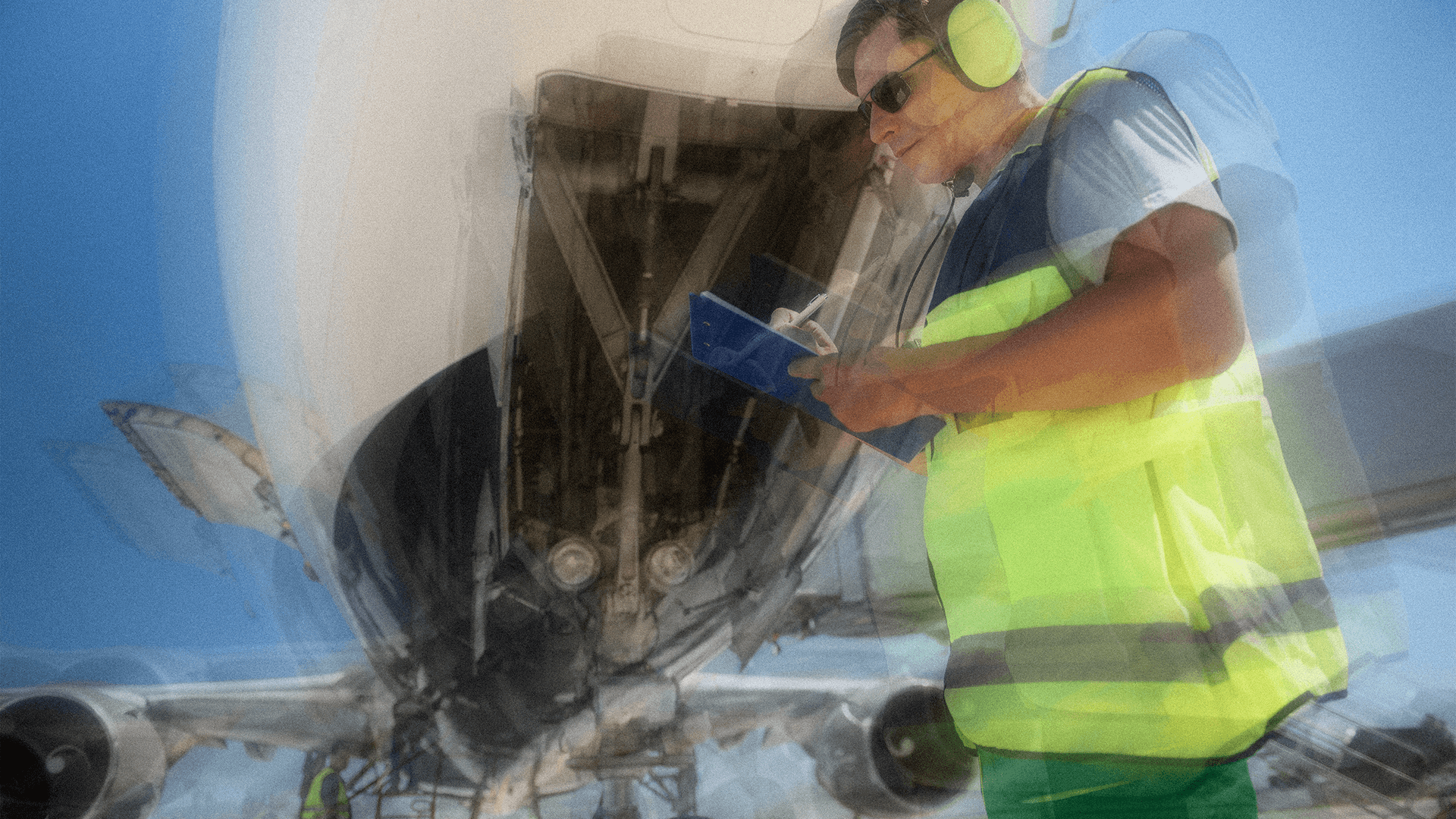 Airport ground crew member wearing safety gear inspects aircraft with clipboard